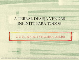 Material exclusivo do corretor.
Empreendimento em fase de aprovação. É proibida a comercialização de unidade sem a prévia aprovação do registro de incorporação. Órgão fiscalizador: CRECI/GO Fone: 3224-2299.
Material de uso exclusivo do corretor. Imagens ilustrativas com sugestão de layout. Móveis, decoração e acabamento a serem entregues conforme memorial descritivo e contrato de venda.

 
