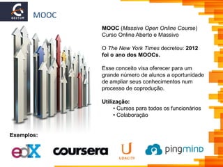 MOOC
MOOC (Massive Open Online Course)
Curso Online Aberto e Massivo
O The New York Times decretou: 2012
foi o ano dos MOOCs.
Esse conceito visa oferecer para um
grande número de alunos a oportunidade
de ampliar seus conhecimentos num
processo de coprodução.
Utilização:
• Cursos para todos os funcionários
• Colaboração
Exemplos:
 