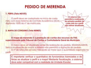 PEDIDO DE MERENDA
1. PERFIL (Tela M010T):
                                                               O sistema não
      O perfil deve ser cadastrado no início de cada       permitirá a realização
mês, com base Sistema de Controle Acadêmico (SCA),         do primeiro pedido de
digitando 100% do nº de matrículas.                         cada mês se o perfil
                                                           não estiver atualizado.

2. MAPA DE CONSUMO (Tela M040T):


     O mapa de merenda é a prestação de contas dos recursos do PAE,
supervisionada pelo Tribunal de Contas e Controladoria Geral do Município.

        O mapa deve ser atualizado antes da realização do pedido, SEMANALMENTE.
Sem a atualização do mapa, o sistema não permitirá a digitação do pedido.
        O nº de refeições servidas não pode ser maior que a quantidade registrada no
perfil.

      É importante verificar o quantitativo de funcionários licenciados e de
      férias ao atualizar o perfil e o mapa! Mediante fiscalização, o sistema
      deve estar compatível com a realidade da Unidade Escolar.
                                                                                 14
 