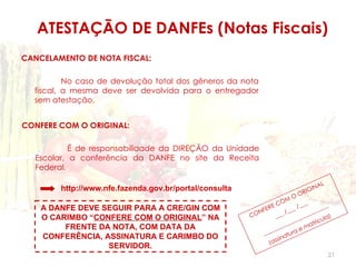 ATESTAÇÃO DE DANFEs (Notas Fiscais)
CANCELAMENTO DE NOTA FISCAL:

          No caso de devolução total dos gêneros da nota
  fiscal, a mesma deve ser devolvida para o entregador
  sem atestação.


CONFERE COM O ORIGINAL:

           É de responsabilidade da DIREÇÃO da Unidade
  Escolar, a conferência da DANFE no site da Receita
  Federal.

                                                                                          L
        http://www.nfe.fazenda.gov.br/portal/consulta                               NA
                                                                              R IGI
                                                                        M   OO
                                                                  CO            __
    A DANFE DEVE SEGUIR PARA A CRE/GIN COM                    FER
                                                                  E        _ /_         ___
                                                                                            _
                                                          N            /__          ___
    O CARIMBO “CONFERE COM O ORIGINAL” NA               CO       ___            ___           )
                                                                            ___           ula
                                                                       _ __        a tríc
         FRENTE DA NOTA, COM DATA DA                               ___         em
                                                            __ ___           a
    CONFERÊNCIA, ASSINATURA E CARIMBO DO                                 tur
                                                                   s ina
                                                               (as
                  SERVIDOR.
                                                                                              21
 
