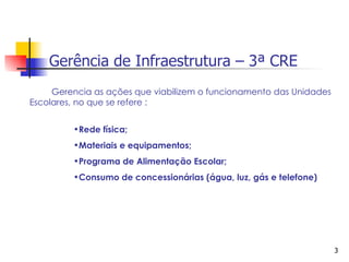 Gerência de Infraestrutura – 3ª CRE
     Gerencia as ações que viabilizem o funcionamento das Unidades
Escolares, no que se refere :


         •Rede física;
         •Materiais e equipamentos;
         •Programa de Alimentação Escolar;
         •Consumo de concessionárias (água, luz, gás e telefone)




                                                                     3
 