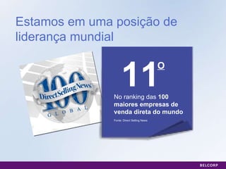 Estamos em uma posição de liderança mundial 11 No ranking das  100 maiores empresas de venda direta do mundo Fonte: Direct Selling News O 