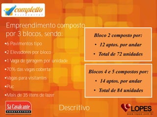 Empreendimento composto
por 3 blocos, sendo:                     Bloco 2 composto por:
6 Pavimentos tipo                        • 12 aptos. por andar
2 Elevadores por bloco                   • Total de 72 unidades
1 Vaga de garagem por unidade
70% das vagas coberta                Blocos 4 e 5 compostos por:
Vagas para visitantes
                                         • 14 aptos. por andar
Puc
                                         • Total de 84 unidades
Mais de 35 itens de lazer

                            Descritivo
 