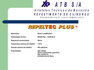 A T B S /A
                             A r te fa to s T é c n ic o s d e B o r r a c h a
                             R E V E S T IM E N T O D E C IL IN D R O S
                                    S it e :w w w .a tb .c o m .b r   e -m a il: a tb @ a t b .c o m .b r




                       REPELTEC PLUS                                                       ®

Aplicações                       Rolos LumpBreaker

Plasticidade/ Dureza             80/240 P&J – 35/60 Sh.A

Espessura recomendada            40mm

Temperatura máxima de trabalho   110°C

Pressão máxima de trabalho       Não aplicável

Propriedades                     Alto release
                                 Ótimo acabamento superficial
                                 Alta resiliência
                                 Antiaderente às fibras
 