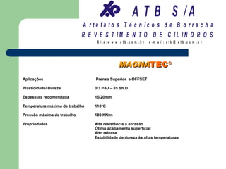 A T B S /A
                             A r te fa to s T é c n ic o s d e B o r r a c h a
                             R E V E S T IM E N T O D E C IL IN D R O S
                                  S it e :w w w .a tb .c o m .b r   e -m a il: a tb @ a t b .c o m .b r




                                                MAGNATEC ®
Aplicações                        Prensa Superior e OFFSET

Plasticidade/ Dureza             0/3 P&J – 85 Sh.D

Espessura recomendada            15/20mm

Temperatura máxima de trabalho   110°C

Pressão máxima de trabalho       180 KN/m

Propriedades                     Alta resistência à abrasão
                                 Ótimo acabamento superficial
                                 Alto release
                                 Estabilidade de dureza às altas temperaturas
 