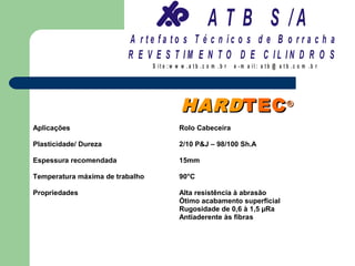 A T B S /A
                         A r te fa to s T é c n ic o s d e B o r r a c h a
                         R E V E S T IM E N T O D E C IL IN D R O S
                                 S it e :w w w .a tb .c o m .b r   e -m a il: a tb @ a t b .c o m .b r




                                            HARD TEC ®
Aplicações                                  Rolo Cabeceira

Plasticidade/ Dureza                        2/10 P&J – 98/100 Sh.A

Espessura recomendada                       15mm

Temperatura máxima de trabalho              90°C

Propriedades                                Alta resistência à abrasão
                                            Ótimo acabamento superficial
                                            Rugosidade de 0,6 à 1,5 µRa
                                            Antiaderente às fibras
 