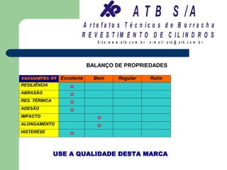 A T B S /A
                      A r te fa to s T é c n ic o s d e B o r r a c h a
                      R E V E S T IM E N T O D E C IL IN D R O S
                            S it e :w w w .a tb .c o m .b r   e -m a il: a tb @ a t b .c o m .b r




                         BALANÇO DE PROPRIEDADES

VACUUMTEC HT Excelente     Bom           Regular              Ruim
RESILIÊNCIA
                  ¤
ABRASÃO
                  ¤
RES. TÉRMICA
                  ¤
ADESÃO
                  ¤
IMPACTO
                            ¤
ALONGAMENTO
                            ¤
HISTERÉSE
                  ¤


               USE A QUALIDADE DESTA MARCA
 