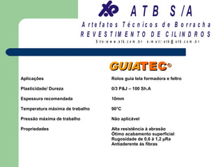 A T B S /A
                             A r te fa to s T é c n ic o s d e B o r r a c h a
                             R E V E S T IM E N T O D E C IL IN D R O S
                                  S it e :w w w .a tb .c o m .b r   e -m a il: a tb @ a t b .c o m .b r




                                          GUIATEC ®
Aplicações                                  Rolos guia tela formadora e feltro

Plasticidade/ Dureza                        0/3 P&J – 100 Sh.A

Espessura recomendada                       10mm

Temperatura máxima de trabalho              90°C

Pressão máxima de trabalho                  Não aplicável

Propriedades                                Alta resistência à abrasão
                                            Ótimo acabamento superficial
                                            Rugosidade de 0,6 à 1,2 µRa
                                            Antiaderente às fibras
 