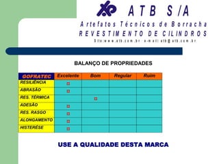A T B S /A
                           A r te fa to s T é c n ic o s d e B o r r a c h a
                           R E V E S T IM E N T O D E C IL IN D R O S
                                S it e :w w w .a tb .c o m .b r   e -m a il: a tb @ a t b .c o m .b r




                      BALANÇO DE PROPRIEDADES

GOFRATEC       Excelente       Bom           Regular              Ruim
RESILIÊNCIA
                  ¤
ABRASÃO
                  ¤
RES. TÉRMICA
                                ¤
ADESÃO
                  ¤
RES. RASGO
                  ¤
ALONGAMENTO
                  ¤
HISTERÉSE
                  ¤

               USE A QUALIDADE DESTA MARCA
 