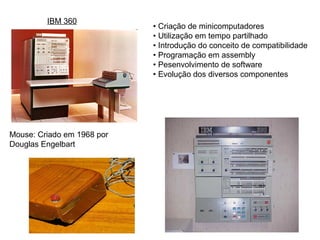 • Criação de minicomputadores
• Utilização em tempo partilhado
• Introdução do conceito de compatibilidade
• Programação em assembly
• Pesenvolvimento de software
• Evolução dos diversos componentes
IBM 360
Mouse: Criado em 1968 por
Douglas Engelbart
 