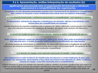 Os depoimentos, sobretudo dos dirigentes e trabalhadores terceirizados, afirmam a terceirização como favorecedora da competitividade nas empresas. Grande frequência de respostas negativas entre os gestores da  Globo, indicando a preocupação com  riscos que a terceirização incorpora aos ambientes de trabalho. Isto requer muita atuação das lideranças. Nesta categoria sobressai o papel das lideranças da  Globo (e da  Araújo Abreu entre as prestadoras) como fator relevante para  o modelo de gestão contribuir para a competitividade das organizações.  Há muitas queixas de entrevistados e constatações  do observador destacando a fragilidade da ação das lideranças das empresas prestadoras. É preciso evoluir para modelo menos dependente  dos gestores da Alfa, numa construção compartilhada  Esta categoria teve a maior incidência de classificações dos discursos e a maior totalização de graus pela relevância  dos depoimentos, demonstrando a força deste mecanismo na terceirização da  Globo. Confirma a atuação em equipe  como fator importante para a competitividade. Embora situando-se quase na metade das respostas positivas, também ocorreram classificações que negam ou colocam dúvida sobre a atuação das equipes  terceirizadas como fator de competitividade. Observa-se maior frequência nas empresas prestadoras cuja cultura apresenta algum conflito com o modelo mais aberto de gestão. Os resultados nas três dimensões pesquisadas apontam para o favorecimento da eficiência e competitividade. Mas, também há situações a serem trabalhadas para reduzir riscos aos objetivos empresariais.  significações psicossociais para as organizações favorecendo a eficiência operacional e a competitividade das organizações  5 e 6. Apresentação, análise/interpretação de resultados (b) a) A terceirização favorecendo  a eficiência operacional e a competitividade - com ressalvas e cuidados. c) A atuação em equipes como elemento estruturante do trabalho – maior resultado b) Através do modelo de gestão alinhando relações, objetivos e metas – com pontos de atenção 
