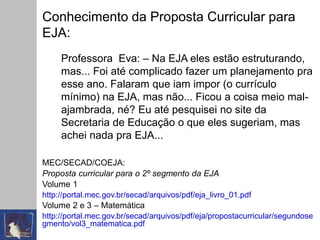 Conhecimento da Proposta Curricular para
EJA:
Professora Eva: – Na EJA eles estão estruturando,
mas... Foi até complicado fazer um planejamento pra
esse ano. Falaram que iam impor (o currículo
mínimo) na EJA, mas não... Ficou a coisa meio mal-
ajambrada, né? Eu até pesquisei no site da
Secretaria de Educação o que eles sugeriam, mas
achei nada pra EJA...
MEC/SECAD/COEJA:
Proposta curricular para o 2º segmento da EJA
Volume 1
http://portal.mec.gov.br/secad/arquivos/pdf/eja_livro_01.pdf
Volume 2 e 3 – Matemática
http://portal.mec.gov.br/secad/arquivos/pdf/eja/propostacurricular/segundose
gmento/vol3_matematica.pdf
 