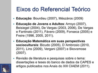 Eixos do Referencial Teórico
 Educação: Bourdieu (2007), Mészáros (2009)
 Educação de Jovens e Adultos: Arroyo (2007),
Beisiegel (2004), De Vargas (2003, 2006), De Vargas
e Fantinato (2011), Fávero (2009), Fonseca (2005) e
Freire (1996, 2005, 2011).
 Educação Matemática em suas perspectivas
socioculturais: Bicudo (2005), D´Ambrosio (2010,
2011), Lins (2009), Vergani (2007) e Skovsmose
(2007).
 Revisão de literatura e pesquisas sobre o tema:
dissertações e teses do banco de dados da CAPES e
artigos publicados nos Anais do XIII CIAEM (2011).
 