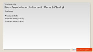 Vila Operária
Ruas Projetadas no Loteamento Genach Chadryk
Rua Souza
Praças projetadas
Praça sem nome (1625 m²)
Praça sem nome (1014 m²)
 