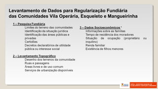 Levantamento de Dados para Regularização Fundiária
das Comunidades Vila Operária, Esqueleto e Mangueirinha
 