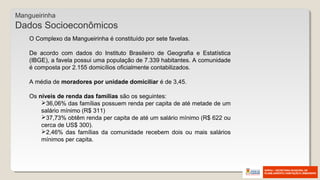 O Complexo da Mangueirinha é constituído por sete favelas.
De acordo com dados do Instituto Brasileiro de Geografia e Estatística
(IBGE), a favela possui uma população de 7.339 habitantes. A comunidade
é composta por 2.155 domicílios oficialmente contabilizados.
A média de moradores por unidade domiciliar é de 3,45.
Os níveis de renda das famílias são os seguintes:
36,06% das famílias possuem renda per capita de até metade de um
salário mínimo (R$ 311)
37,73% obtêm renda per capita de até um salário mínimo (R$ 622 ou
cerca de US$ 300).
2,46% das famílias da comunidade recebem dois ou mais salários
mínimos per capita.
Mangueirinha
Dados Socioeconômicos
 