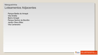 Parque Barão do Amapá
Vila Amélia
Bairro Amapá
Parque Senhor do Bomfim
Jardim Olavo Bilac
Vila Centenário
Mangueirinha
Loteamentos Adjacentes
 