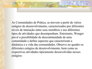 As Comunidades de Prática, se movem a partir de vários estágios de desenvolvimento, caracterizados por diferentes níveis de interação entre seus membros e nos diferentes tipos de atividades que desempenham. Entretanto, Wenger prevê a possibilidade de descontinuidade de uma comunidade e define aspectos que caracterizam a dinâmica e a vida das comunidades. Observe no quadro os diferentes estágios de desenvolvimento, bem como as respectivas atividades tipicamente desenvolvidas nesses estágios: 
