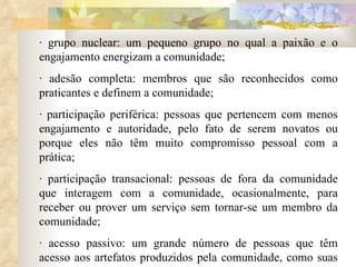 · grupo nuclear: um pequeno grupo no qual a paixão e o engajamento energizam a comunidade;  · adesão completa: membros que são reconhecidos como praticantes e definem a comunidade;  · participação periférica: pessoas que pertencem com menos engajamento e autoridade, pelo fato de serem novatos ou porque eles não têm muito compromisso pessoal com a prática;  · participação transacional: pessoas de fora da comunidade que interagem com a comunidade, ocasionalmente, para receber ou prover um serviço sem tornar-se um membro da comunidade;  · acesso passivo: um grande número de pessoas que têm acesso aos artefatos produzidos pela comunidade, como suas publicações, seu Website ou suas ferramentas. 