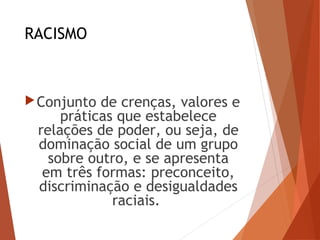 RACISMO
Conjunto de crenças, valores e
práticas que estabelece
relações de poder, ou seja, de
dominação social de um grupo
sobre outro, e se apresenta
em três formas: preconceito,
discriminação e desigualdades
raciais.
 