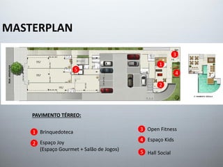 MASTERPLAN
1
2
3
4
5
1
2
3
4
Brinquedoteca
PAVIMENTO TÉRREO:
Espaço Joy
(Espaço Gourmet + Salão de Jogos)
Open Fitness
Espaço Kids
5 Hall Social
 
