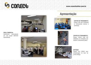 CENTRO DE TREINAMENTO Espaço onde são ministrados os treinamentos teóricos e workshops CENTRO DE TREINAMENTO Espaço coberto onde são realizadas as simulações que ilustram o treinamento prático ESTOQUE Espaço com 2.000m² para armazenagem de itens de pronta entrega ÁREA COMERCIAL Atendimento personalizado por uma equipe altamente especializada Apresentação 