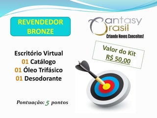 REVENDEDOR
BRONZE
Pontuação: 5 pontos
Escritório Virtual
01 Catálogo
01 Óleo Trifásico
01 Desodorante
 