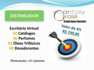 DISTRIBUIDOR
Escritório Virtual
02 Catálogos
06 Perfumes
03 Óleos Trifásicos
05 Desodorantes
Pontuação: 200pontos
 