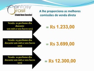 A lhe proporciona as melhores
comissões de venda direta
Venda 01 perfume dia
durante
um mês e seu lucro será
Venda 03 perfume dia
durante um mês e seu lucro
será
Venda 10 perfume dia
durante um mês e seu lucro
será
= R$ 1.233,00
= R$ 3.699,00
= R$ 12.300,00
 