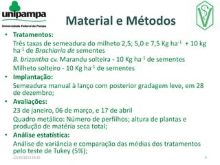 Material e Métodos
• Tratamentos:
Três taxas de semeadura do milheto 2,5; 5,0 e 7,5 Kg ha-1 + 10 kg
ha-1 de Brachiaria de sementes
B. brizantha cv. Marandu solteira - 10 Kg ha-1 de sementes
Milheto solteiro - 10 Kg ha-1 de sementes
• Implantação:
Semeadura manual à lanço com posterior gradagem leve, em 28
de dezembro;
• Avaliações:
23 de janeiro, 06 de março, e 17 de abril
Quadro metálico: Número de perfilhos; altura de plantas e
produção de matéria seca total;
• Análise estatística:
Análise de variância e comparação das médias dos tratamentos
pelo teste de Tukey (5%);
22/10/2013 23:25

6

 