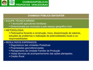 CHAMADASPÚBLICAS
          PROPOSTAS VENCEDORAS



                      CHAMADA PÚBLICA SAF/DATER

 EQUIPE TÉCNICA MÍNIMA:
     1 técnico/80 agricultores familiares
     Dimensionada por município e pelo espaço geográfico total
 METODOLOGIA:
     Participativa focando a construção, troca, disseminação de saberes,
    soluções de problemas e realização de potencialidades locais e co-
    responsabilidades
 RESULTADOS ESPERADOS:
     Diagnósticos das Unidades Produtivas
     Propriedades georreferenciadas
     Planejamento da Unidade Familiar de Produção
     Visitas técnicas de acompanhamento das ações planejadas;
     Crédito Rural
 