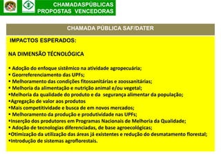 CHAMADASPÚBLICAS
            PROPOSTAS VENCEDORAS


                         CHAMADA PÚBLICA SAF/DATER

IMPACTOS ESPERADOS:

NA DIMENSÃO TÉCNOLÓGICA

 Adoção do enfoque sistêmico na atividade agropecuária;
 Georreferenciamento das UPFs;
 Melhoramento das condições fitossanitárias e zoossanitárias;
 Melhoria da alimentação e nutrição animal e/ou vegetal;
Melhoria da qualidade do produto e da segurança alimentar da população;
Agregação de valor aos produtos
Mais competitividade e busca de em novos mercados;
 Melhoramento da produção e produtividade nas UPFs;
Inserção dos produtores em Programas Nacionais de Melhoria da Qualidade;
 Adoção de tecnologias diferenciadas, de base agroecológicas;
Otimização da utilização das áreas já existentes e redução do desmatamento florestal;
Introdução de sistemas agroflorestais.
 