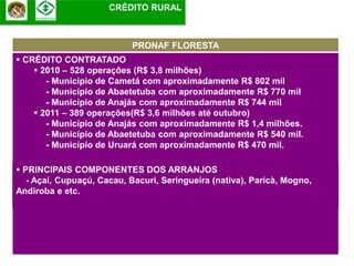 CRÉDITO RURAL



                           PRONAF FLORESTA
 CRÉDITO CONTRATADO
     2010 – 528 operações (R$ 3,8 milhões)
       - Município de Cametá com aproximadamente R$ 802 mil
       - Município de Abaetetuba com aproximadamente R$ 770 mil
       - Município de Anajás com aproximadamente R$ 744 mil
     2011 – 389 operações(R$ 3,6 milhões até outubro)
       - Município de Anajás com aproximadamente R$ 1,4 milhões.
       - Município de Abaetetuba com aproximadamente R$ 540 mil.
       - Município de Uruará com aproximadamente R$ 470 mil.

 PRINCIPAIS COMPONENTES DOS ARRANJOS
   - Açaí, Cupuaçú, Cacau, Bacuri, Seringueira (nativa), Paricà, Mogno,
Andiroba e etc.
 
