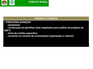 CRÉDITO RURAL




                           PRONAF FLORESTA
 PRINCIPAIS AVANÇOS
   - pesquisas;
   - construção de planilhas mais adaptadas para análise de projetos de
SAF’s
   - linha de crédito específica
   - aumento no número de contratações (operações e valores)
 