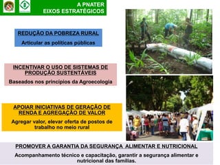 A PNATER
             EIXOS ESTRATÉGICOS


   REDUÇÃO DA POBREZA RURAL
    Articular as políticas públicas



 INCENTIVAR O USO DE SISTEMAS DE
     PRODUÇÃO SUSTENTÁVEIS
Baseados nos princípios da Agroecologia



 APOIAR INICIATIVAS DE GERAÇÃO DE
  RENDA E AGREGAÇÃO DE VALOR
Agregar valor, elevar oferta de postos de
         trabalho no meio rural


  PROMOVER A GARANTIA DA SEGURANÇA ALIMENTAR E NUTRICIONAL
  Acompanhamento técnico e capacitação, garantir a segurança alimentar e
                       nutricional das famílias.
 