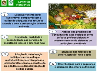 A PNATER
            PRINCÍPIOS



 1         Desenvolvimento rural
    sustentável, compatível com a
  utilização adequada dos recursos
naturais e com a preservação do meio
               ambiente

                                          4       Adoção dos princípios da
                                          agricultura de base ecológica como
 2        Gratuidade, qualidade e             enfoque preferencial para o
   acessibilidade aos serviços de          desenvolvimento de sistemas de
 assistência técnica e extensão rural           produção sustentáveis


                                          5        Equidade nas relações de
 3         Adoção de metodologia                gênero, geração, raça e etnia
      participativa,com enfoque
   multidisciplinar, interdisciplinar e
 intercultural buscando a construção      6      Contribuições para a segurança
 da cidadania e a democratização da           e soberania alimentar e nutricional
            política pública
 