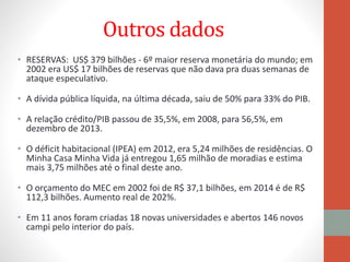 Outros dados
• RESERVAS: US$ 379 bilhões - 6º maior reserva monetária do mundo; em
2002 era US$ 17 bilhões de reservas que não dava pra duas semanas de
ataque especulativo.
• A dívida pública líquida, na última década, saiu de 50% para 33% do PIB.
• A relação crédito/PIB passou de 35,5%, em 2008, para 56,5%, em
dezembro de 2013.
• O déficit habitacional (IPEA) em 2012, era 5,24 milhões de residências. O
Minha Casa Minha Vida já entregou 1,65 milhão de moradias e estima
mais 3,75 milhões até o final deste ano.
• O orçamento do MEC em 2002 foi de R$ 37,1 bilhões, em 2014 é de R$
112,3 bilhões. Aumento real de 202%.
• Em 11 anos foram criadas 18 novas universidades e abertos 146 novos
campi pelo interior do país.
 