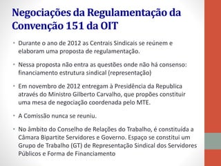 Negociações da Regulamentação da
Convenção 151 da OIT
• Durante o ano de 2012 as Centrais Sindicais se reúnem e
elaboram uma proposta de regulamentação.
• Nessa proposta não entra as questões onde não há consenso:
financiamento estrutura sindical (representação)
• Em novembro de 2012 entregam à Presidência da Republica
através do Ministro Gilberto Carvalho, que propões constituir
uma mesa de negociação coordenada pelo MTE.
• A Comissão nunca se reuniu.
• No âmbito do Conselho de Relações do Trabalho, é constituída a
Câmara Bipartite Servidores e Governo. Espaço se constitui um
Grupo de Trabalho (GT) de Representação Sindical dos Servidores
Públicos e Forma de Financiamento
 
