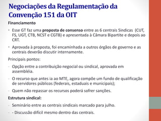 Negociaçõesda Regulamentaçãoda
Convenção151 da OIT
Financiamento
• Esse GT faz uma proposta de consenso entre as 6 centrais Sindicas (CUT,
FS, UGT, CTB, NCST e CGTB) e apresentada à Câmara Bipartite e depois ao
CRT.
• Aprovada à proposta, foi encaminhada a outros órgãos de governo e as
centrais deverão discutir internamente.
Principais pontos:
- Opção entre a contribuição negocial ou sindical, aprovada em
assembléia.
- O recurso que antes ia ao MTE, agora compõe um fundo de qualificação
de servidores públicos (federais, estaduais e municipais);
- Quem não repassar os recursos poderá sofrer sanções.
Estrutura sindical:
- Seminário entre as centrais sindicais marcado para julho.
- - Discussão difícil mesmo dentro das centrais.
 