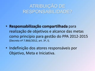 ATRIBUIÇÃO DE
RESPONSABILIDADE?
• Responsabilização compartilhada para
realização de objetivos e alcance das metas
como princípio para gestão do PPA 2012-2015
(Decreto nº 7.866/2012, art. 3º, I).
• Indefinição dos atores responsáveis por
Objetivo, Meta e Iniciativa.
 