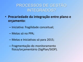 PROCESSOS DE GESTÃO
INTEGRADOS?
• Precariedade da integração entre plano e
orçamento:
– Iniciativa: fragilidade conceitual;
– Metas só no PPA;
– Metas e Iniciativas só para 2015;
– Fragmentação do monitoramento
físico/orçamentário (SigPlan/SIOP).
 