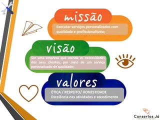 Executar serviços personalizados com
qualidade e profissionalismo;
Ser uma empresa que atenda as necessidades
dos seus clientes, por meio de um serviço
personalizado de qualidade;
ÉTICA / RESPEITO/ HONESTIDADE
Excelência nas atividades e atendimento
 