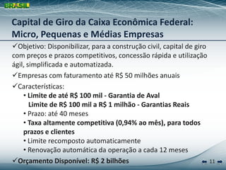Capital de Giro da Caixa Econômica Federal:
Micro, Pequenas e Médias Empresas
Objetivo: Disponibilizar, para a construção civil, capital de giro
com preços e prazos competitivos, concessão rápida e utilização
ágil, simplificada e automatizada.
Empresas com faturamento até R$ 50 milhões anuais
Características:
    • Limite de até R$ 100 mil - Garantia de Aval
       Limite de R$ 100 mil a R$ 1 milhão - Garantias Reais
    • Prazo: até 40 meses
    • Taxa altamente competitiva (0,94% ao mês), para todos
    prazos e clientes
    • Limite recomposto automaticamente
    • Renovação automática da operação a cada 12 meses
Orçamento Disponível: R$ 2 bilhões                                 11
 