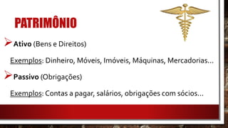 PATRIMÔNIO
Ativo (Bens e Direitos)
Exemplos: Dinheiro, Móveis, Imóveis, Máquinas, Mercadorias...
Passivo (Obrigações)
Exemplos: Contas a pagar, salários, obrigações com sócios...
 