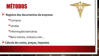 MÉTODOS
Registro dos documentos da empresa:
•Compras
•Vendas
•Informações bancárias
•Bens móveis, imóveis e etc...
Cálculo de custos, preços, impostos
 