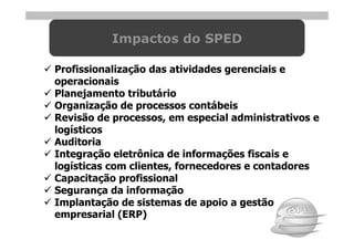 Impactos do SPED

Profissionalização das atividades gerenciais e
operacionais
Planejamento tributário
Organização de processos contábeis
Revisão de processos, em especial administrativos e
logísticos
Auditoria
Integração eletrônica de informações fiscais e
logísticas com clientes, fornecedores e contadores
Capacitação profissional
Segurança da informação
Implantação de sistemas de apoio a gestão
empresarial (ERP)
 