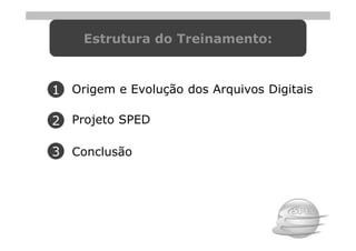 Estrutura do Treinamento:



1 Origem e Evolução dos Arquivos Digitais

2 Projeto SPED

3 Conclusão
 