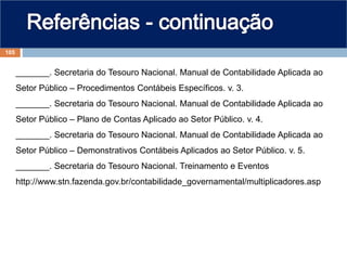 _______. Secretaria do Tesouro Nacional. Manual de Contabilidade Aplicada ao
Setor Público – Procedimentos Contábeis Específicos. v. 3.
_______. Secretaria do Tesouro Nacional. Manual de Contabilidade Aplicada ao
Setor Público – Plano de Contas Aplicado ao Setor Público. v. 4.
_______. Secretaria do Tesouro Nacional. Manual de Contabilidade Aplicada ao
Setor Público – Demonstrativos Contábeis Aplicados ao Setor Público. v. 5.
_______. Secretaria do Tesouro Nacional. Treinamento e Eventos
http://www.stn.fazenda.gov.br/contabilidade_governamental/multiplicadores.asp
105
 