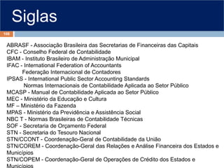 Siglas
ABRASF - Associação Brasileira das Secretarias de Financeiras das Capitais
CFC - Conselho Federal de Contabilidade
IBAM - Instituto Brasileiro de Administração Municipal
IFAC - International Federation of Accountants
Federação Internacional de Contadores
IPSAS - International Public Sector Accounting Standards
Normas Internacionais de Contabilidade Aplicada ao Setor Público
MCASP - Manual de Contabilidade Aplicada ao Setor Público
MEC - Ministério da Educação e Cultura
MF – Ministério da Fazenda
MPAS - Ministério da Previdência e Assistência Social
NBC T - Normas Brasileiras de Contabilidade Técnicas
SOF - Secretaria de Orçamento Federal
STN - Secretaria do Tesouro Nacional
STN/CCONT - Coordenação-Geral de Contabilidade da União
STN/COREM - Coordenação-Geral das Relações e Análise Financeira dos Estados e
Municípios
STN/COPEM - Coordenação-Geral de Operações de Crédito dos Estados e
106
 