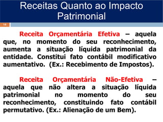 Receitas Quanto ao Impacto
Patrimonial
Receita Orçamentária Efetiva – aquela
que, no momento do seu reconhecimento,
aumenta a situação líquida patrimonial da
entidade. Constitui fato contábil modificativo
aumentativo. (Ex.: Recebimento de Impostos).
Receita Orçamentária Não-Efetiva –
aquela que não altera a situação líquida
patrimonial no momento do seu
reconhecimento, constituindo fato contábil
permutativo. (Ex.: Alienação de um Bem).
14
 